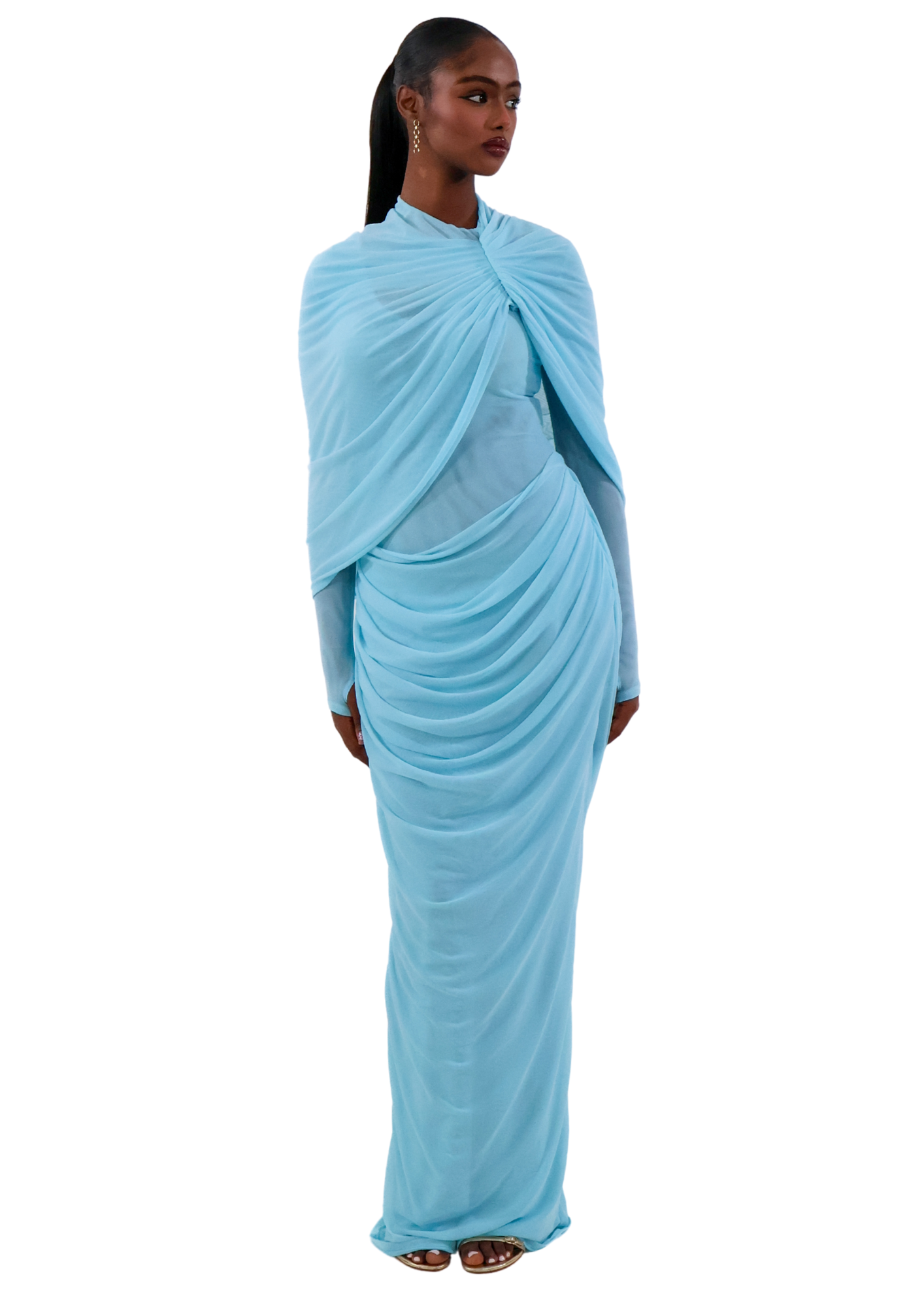 Icy blue long-sleeve modest maxi dress with draped mesh skirt and adjustable shawl.