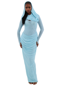 Icy blue long-sleeve modest maxi dress with draped mesh skirt and adjustable shawl.