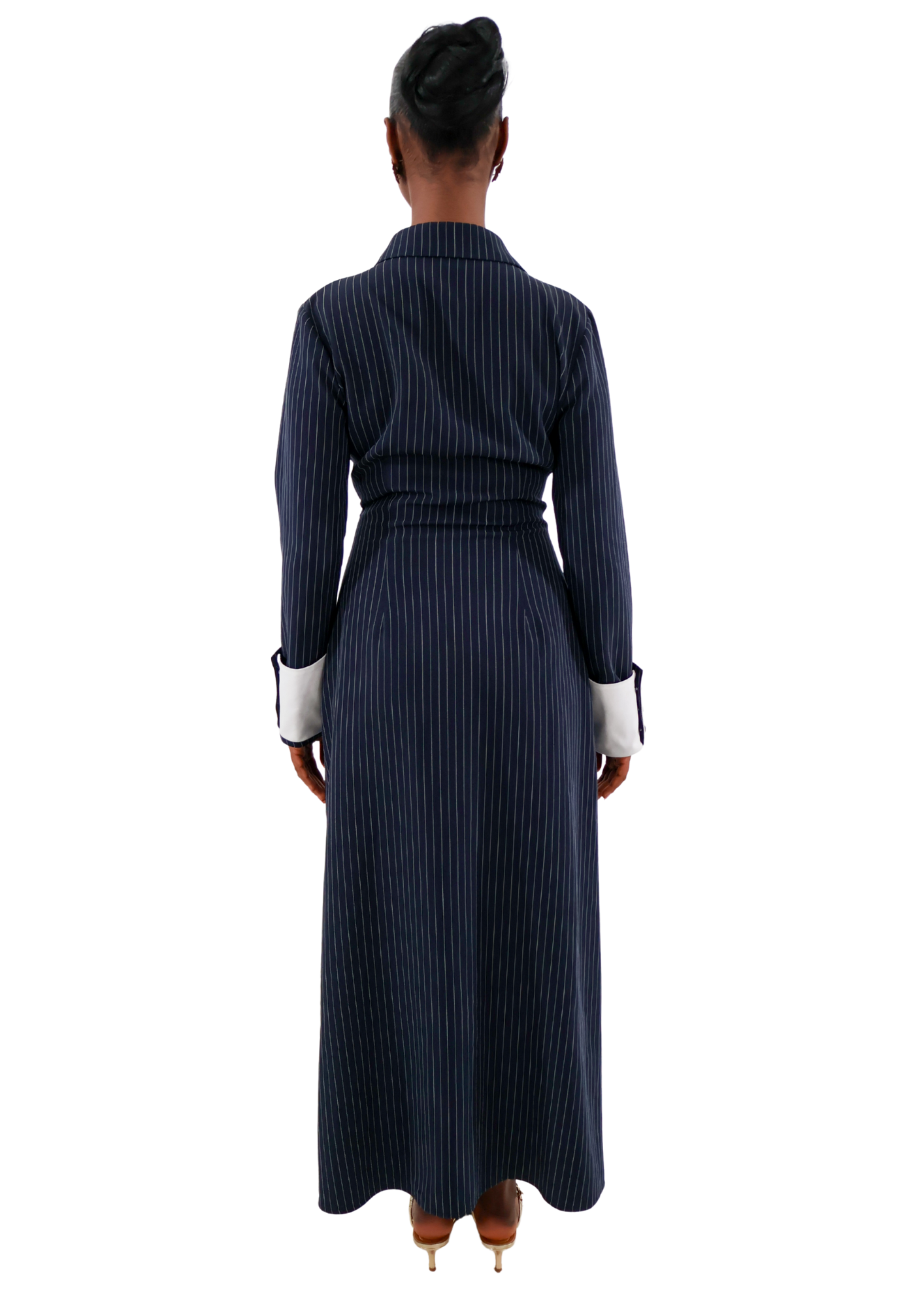 Navy pinstripe long-sleeve maxi dress with tailored collar and button-down front, modest fashion.