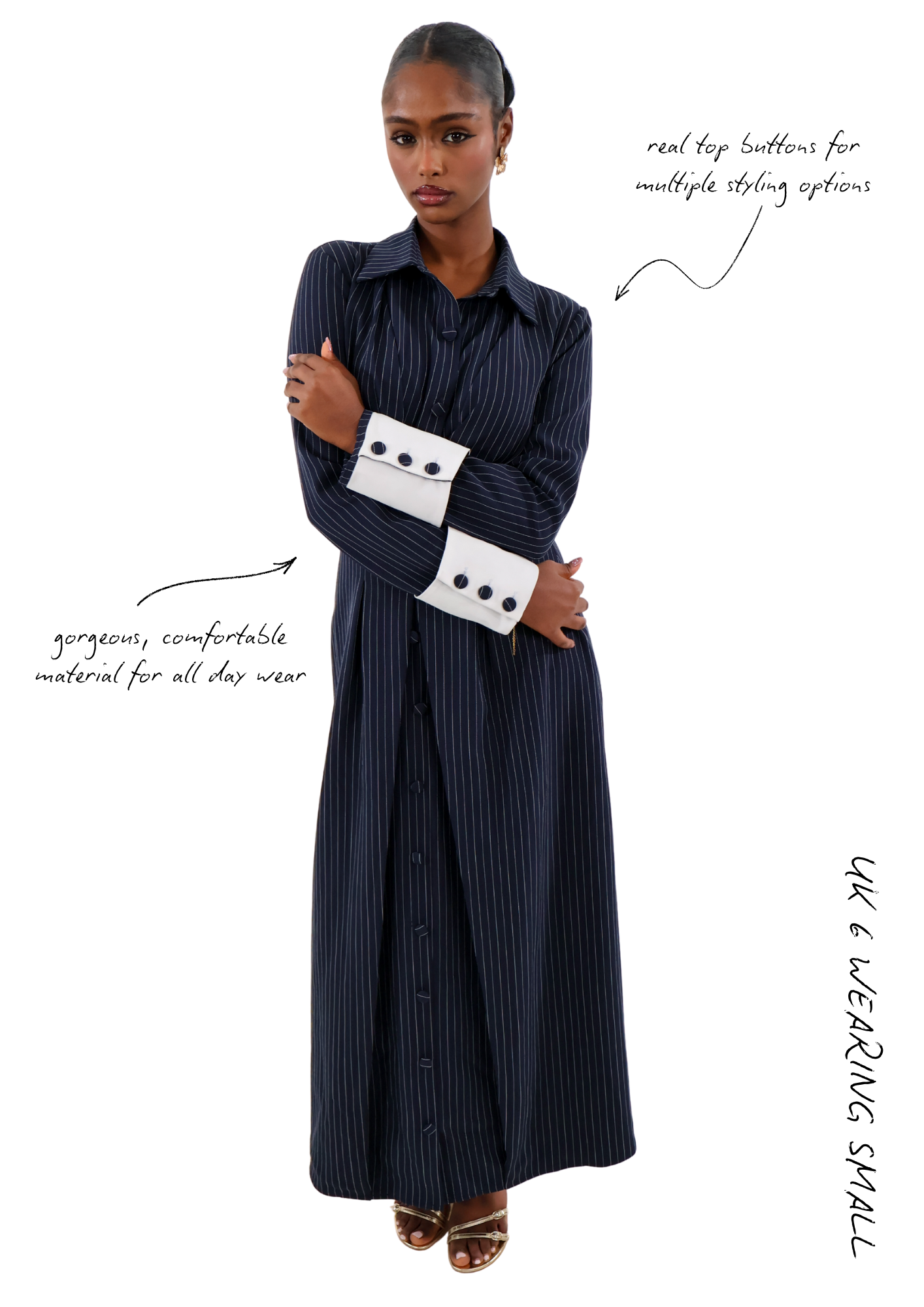 Navy pinstripe long-sleeve maxi dress with tailored collar and button-down front, modest fashion.
