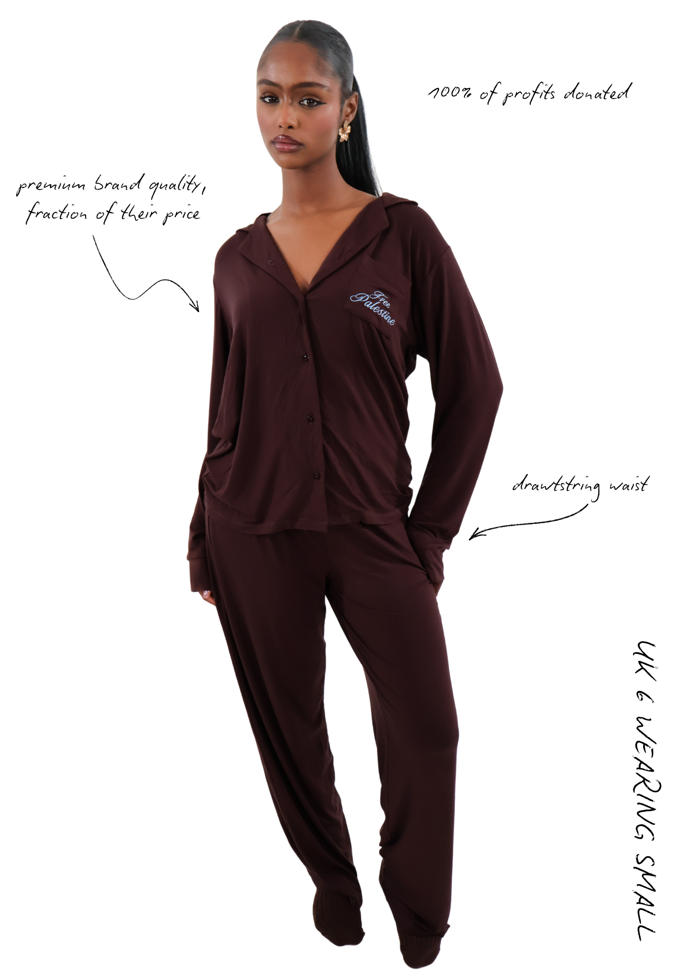 Soft modal brown pyjama set with long sleeves and embroidered Free Palestine logo.
