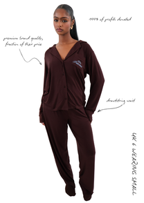 Soft modal brown pyjama set with long sleeves and embroidered Free Palestine logo.