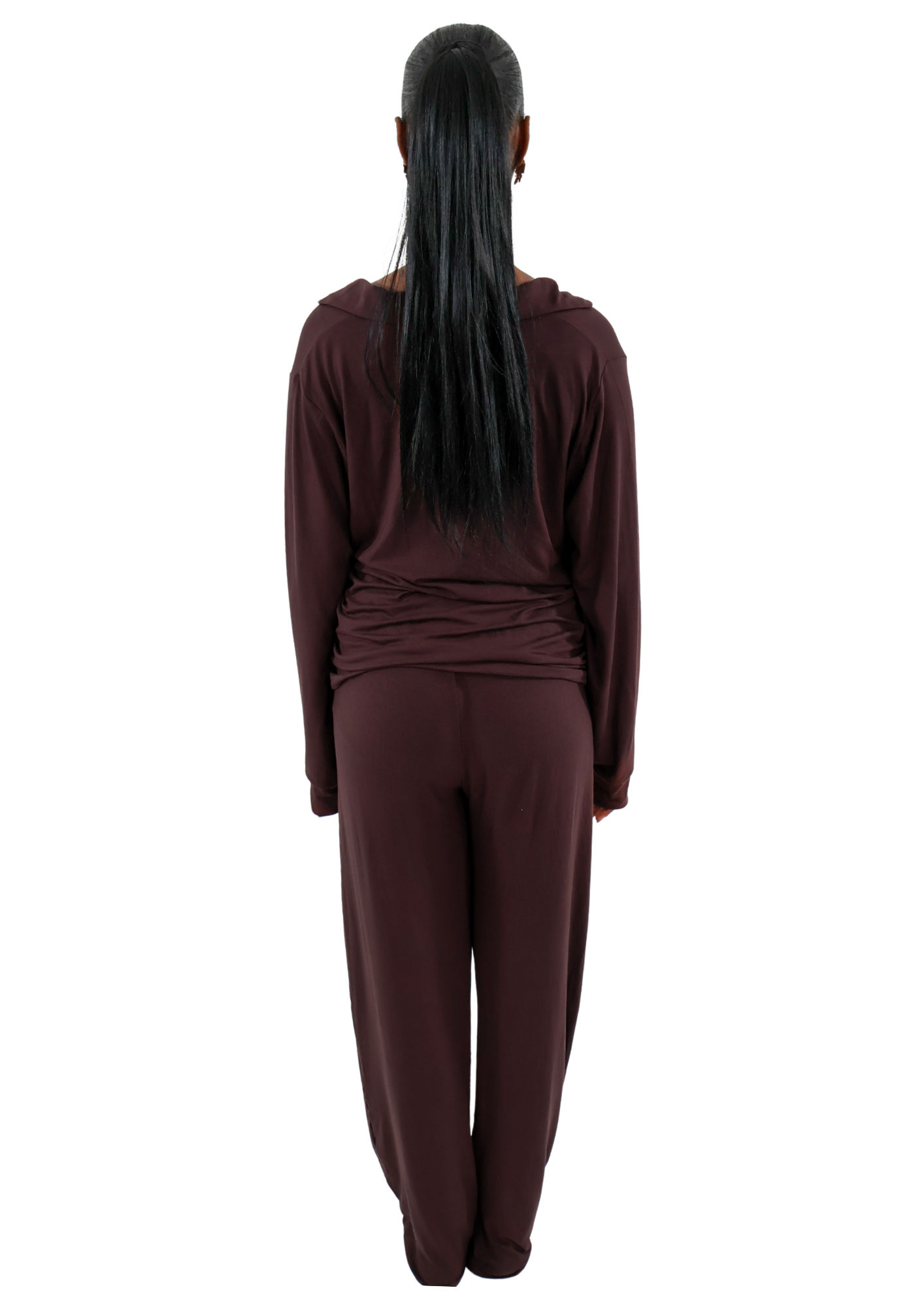 Soft modal brown pyjama set with long sleeves and embroidered Free Palestine logo.